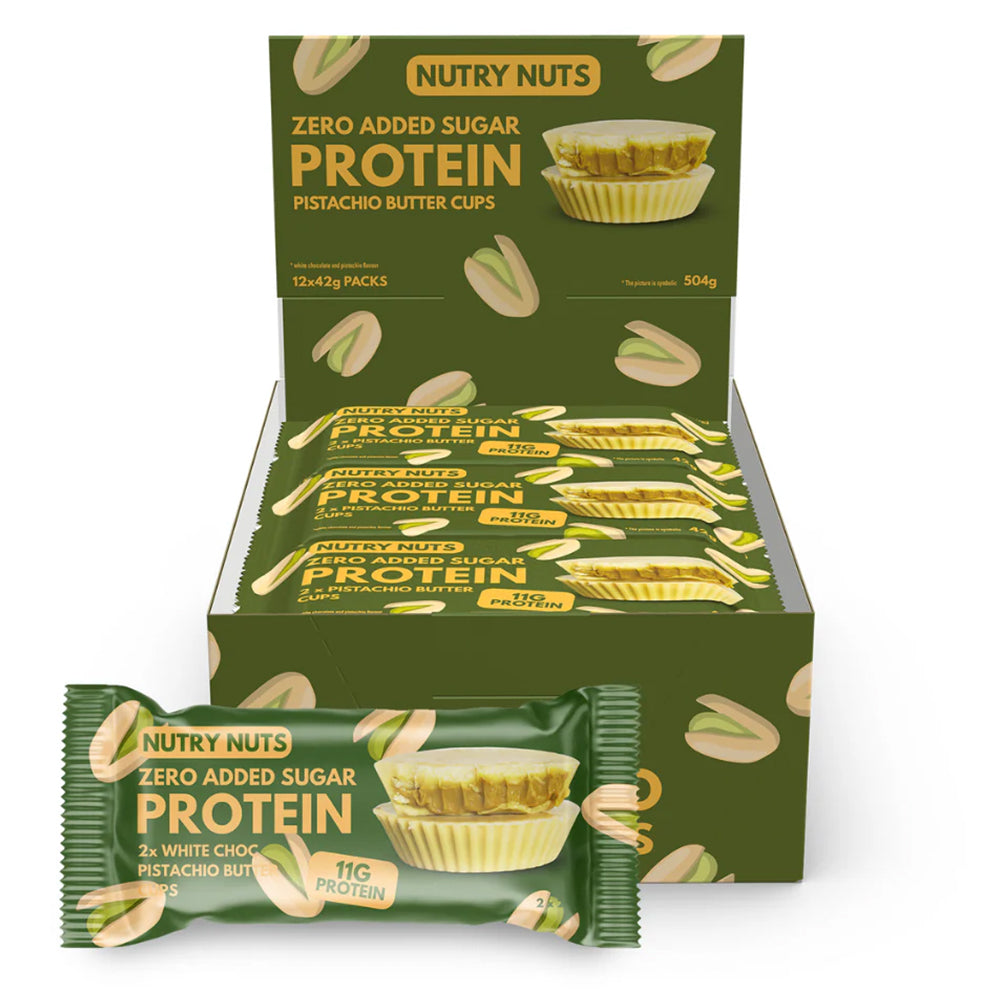 Nutry Nuts Peanut Butter Cups  12x42g      Hvid Chokolade   Pistacie   Højt Proteinindhold